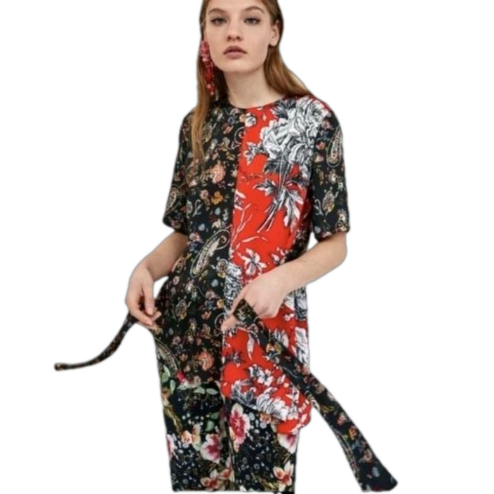 Nsr Red& Black Floral Asymetrical Short Sleeve Top